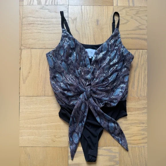 J.O.A. Blue and Brown Snake Print Sequin Bodysuit - Picture 2 of 6
